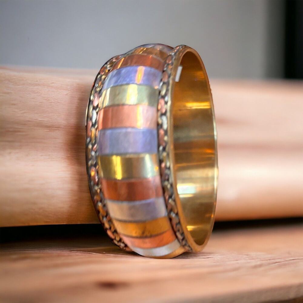 Vintage Tricolor Copper & Brass Mixed Metal Bangle Bracelets Made in India - Picture 3 of 5